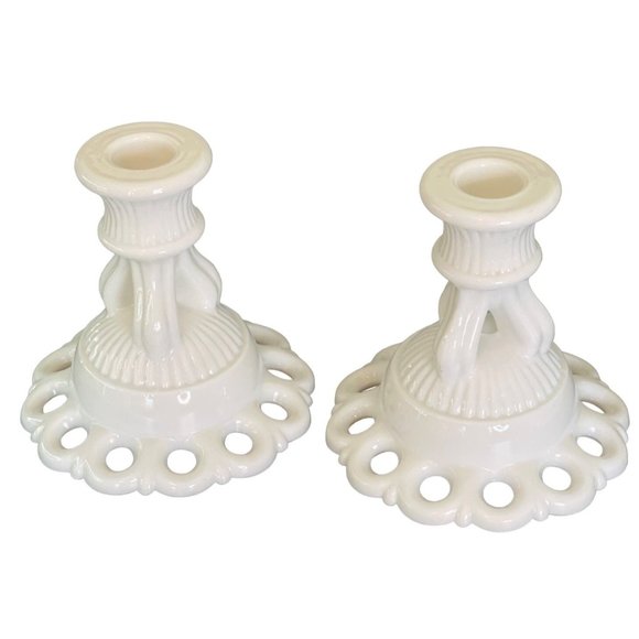 Candlestick Holder Set Vintage Westmoreland Milk Glass Doric Open Lace 4.25" - Picture 1 of 8